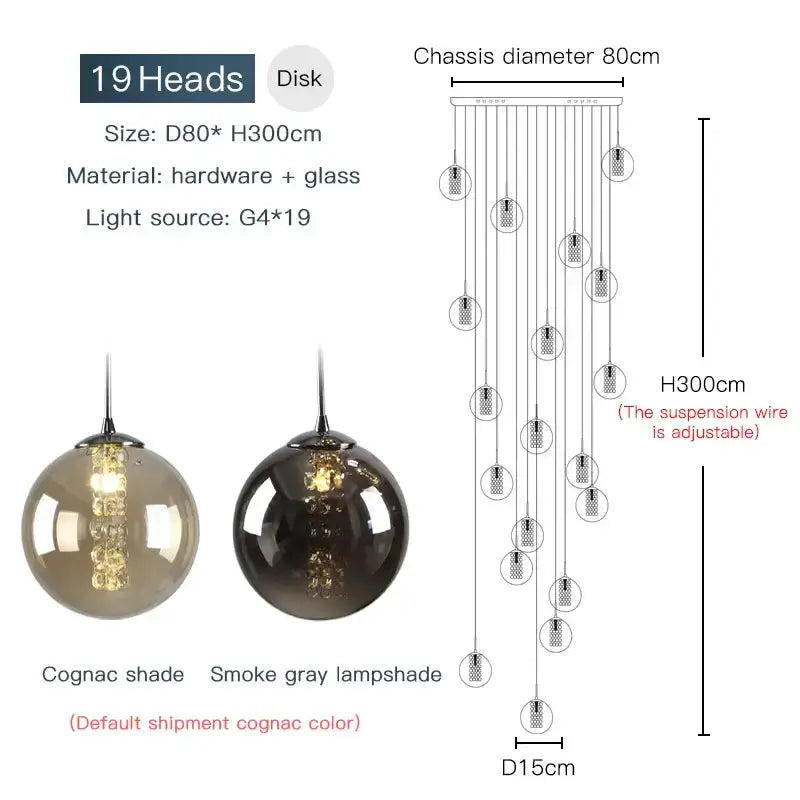 Chandelier Decorbites loft spiral pendant with 19 amber glass bulbs; cognac & gray globes on Tampa Home & Garden Store