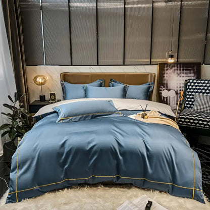 Decorbites navy blue Egyptian cotton duvet cover bedding set with gold piping on bed on Tampa Home & Garden Store
