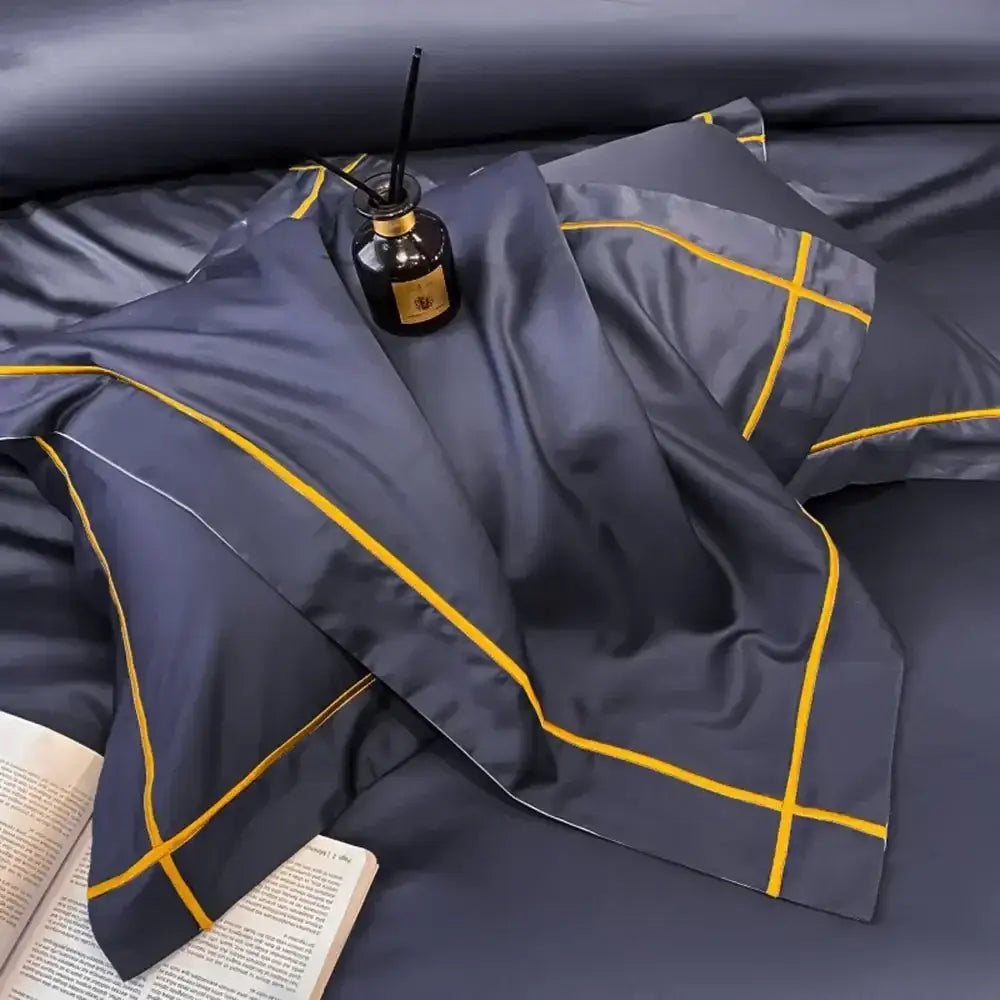 Egyptian cotton duvet cover set in navy with gold piping, Decorbites on Tampa Home & Garden Store