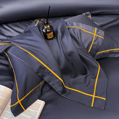 Navy and gold egyptian cotton duvet cover set by Decorbites, bedding with gold piping on Tampa Home & Garden Store