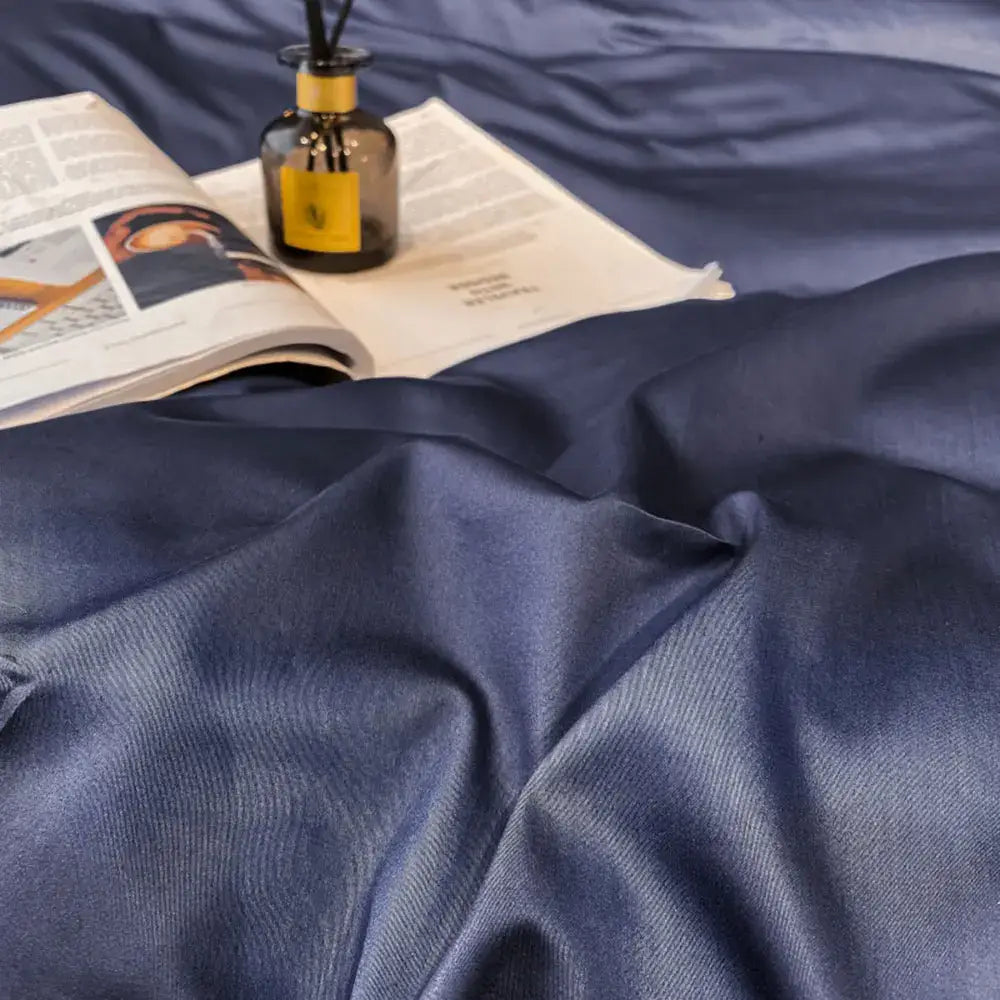Decorbites navy Egyptian cotton duvet cover set with smooth finish on bed on Tampa Home & Garden Store