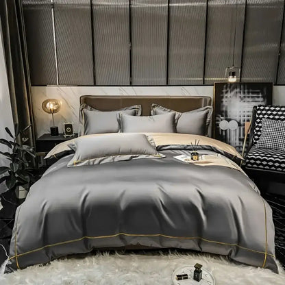 Decorbites egyptian cotton duvet cover set in grey with gold piping, luxe bedroom bedding on Tampa Home & Garden Store