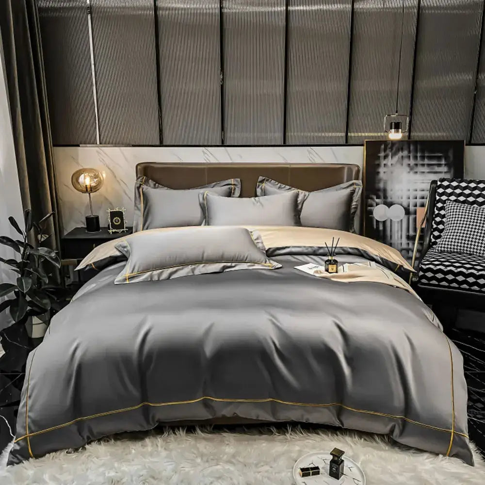 Navy and gold egyptian cotton duvet cover bedding set by Decorbites with gold piping on Tampa Home & Garden Store