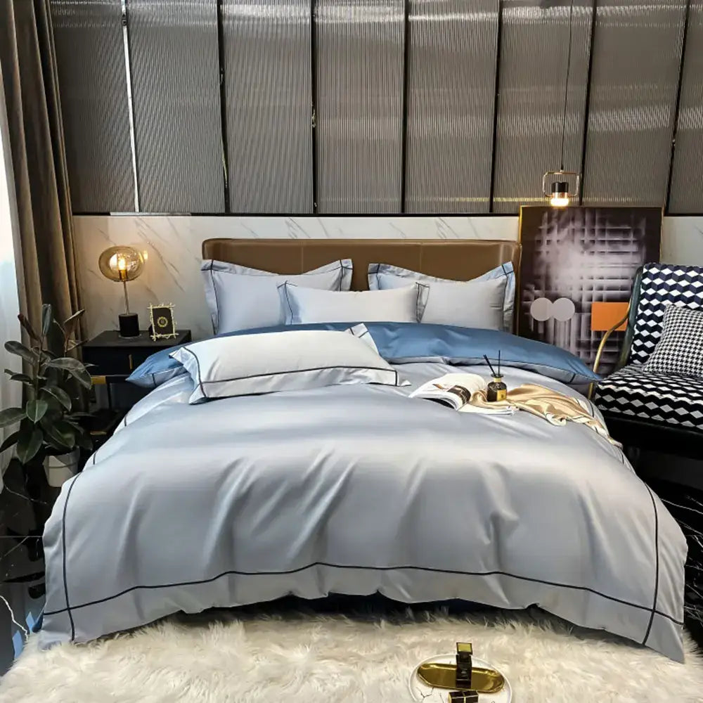 Decorbites navy and gold Egyptian cotton duvet cover set with pillow shams for bedroom on Tampa Home & Garden Store