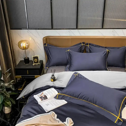 Navy and gold egyptian cotton duvet cover set by Decorbites with gold piping on Tampa Home & Garden Store