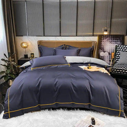 Decorbites navy and gold Egyptian cotton duvet cover bedding set with gold piping for bedroom on Tampa Home & Garden Store