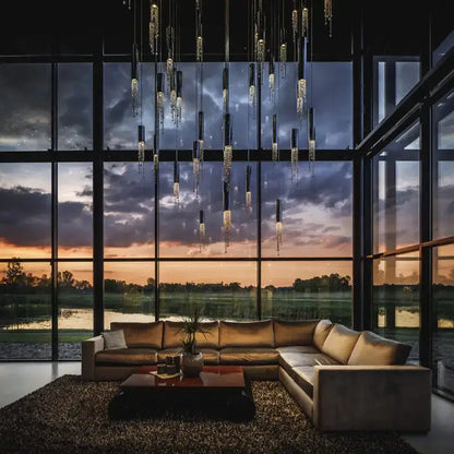 Chrome Cascading Chandelier by Decorbites with crystal tube drops over a modern living room on Tampa Home & Garden Store