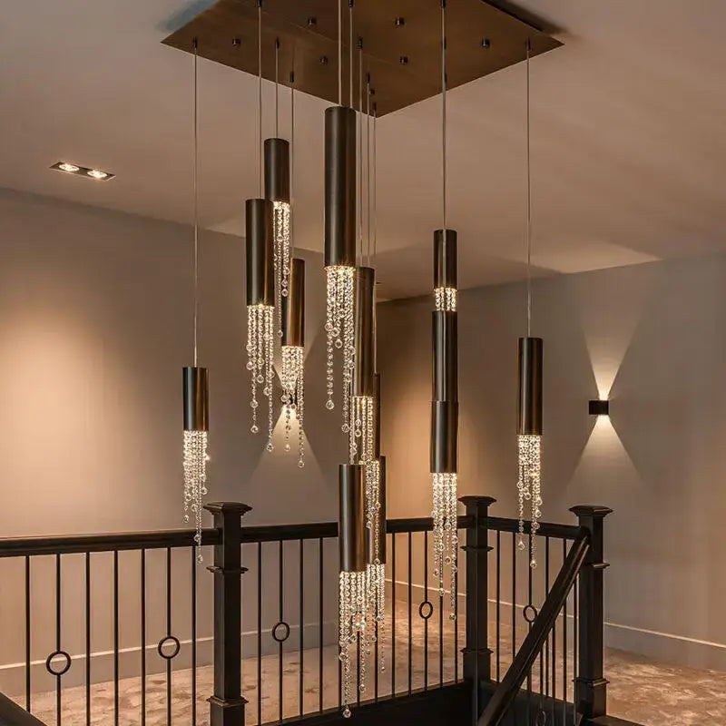 Chrome Cascading Chandelier with black metal tubes and crystal bead strands, multiple pendant drops on Tampa Home & Garden Store