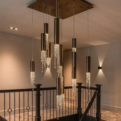 Chrome Cascading Chandelier with black metal tubes and crystal bead strands, multiple pendant drops on Tampa Home & Garden Store