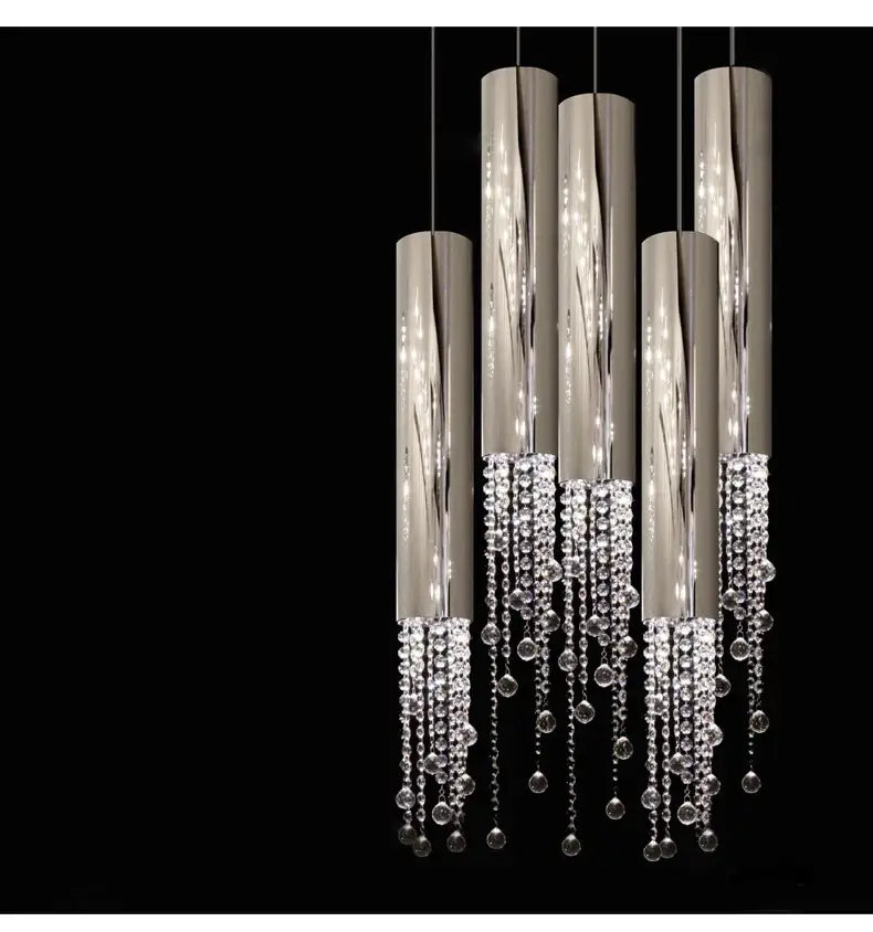 Chrome cascading chandelier with tall cylindrical tubes and crystal bead strands Decorbites on Tampa Home & Garden Store