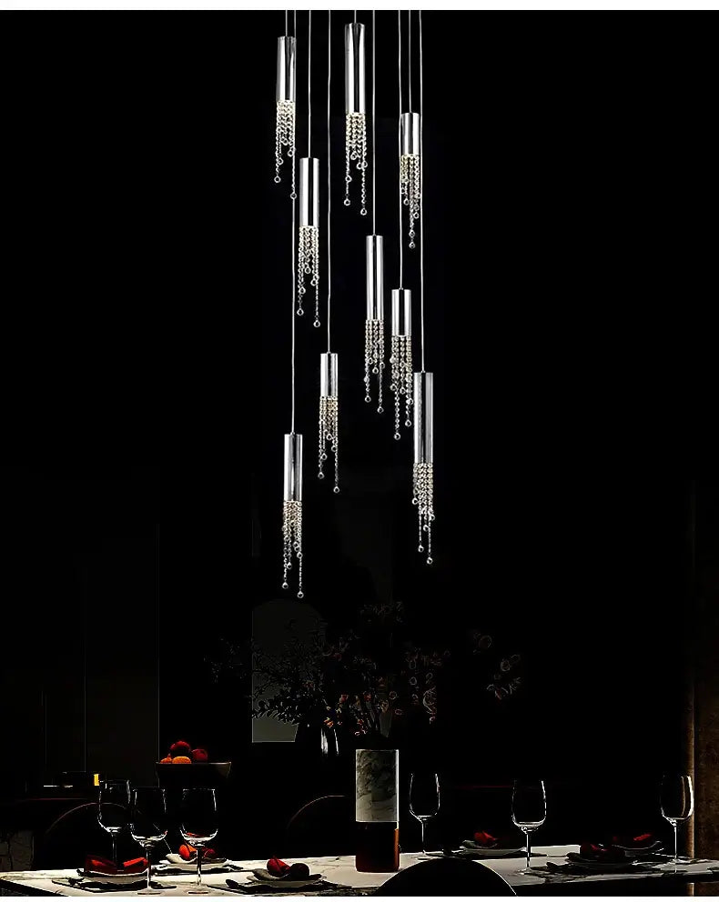 Chrome Cascading Chandelier; cylindrical pendants with crystal beads by Decorbites on Tampa Home & Garden Store