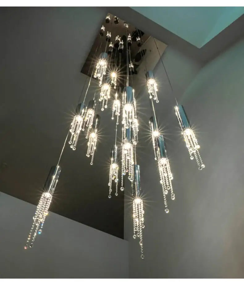 Chrome cascading chandelier by Decorbites with crystal drop strands on Tampa Home & Garden Store