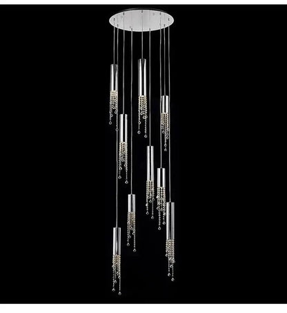 Chrome cascading chandelier with cylindrical pendant tubes and crystal bead accents Decorbites on Tampa Home & Garden Store