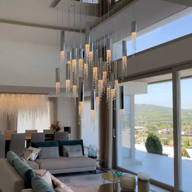 Chrome Cascading Chandelier by Decorbites with crystal beads in a bright living area on Tampa Home & Garden Store