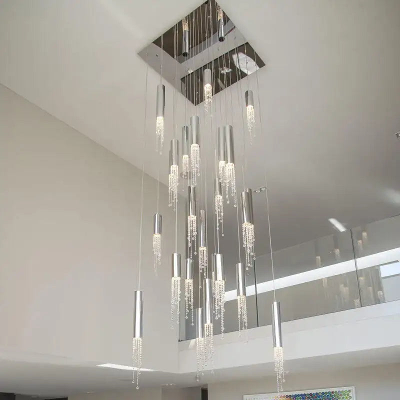 Chrome Cascading Chandelier by Decorbites with chrome cylinders and crystal beads on Tampa Home & Garden Store