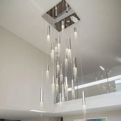 Chrome Cascading Chandelier by Decorbites with chrome cylinders and crystal beads on Tampa Home & Garden Store