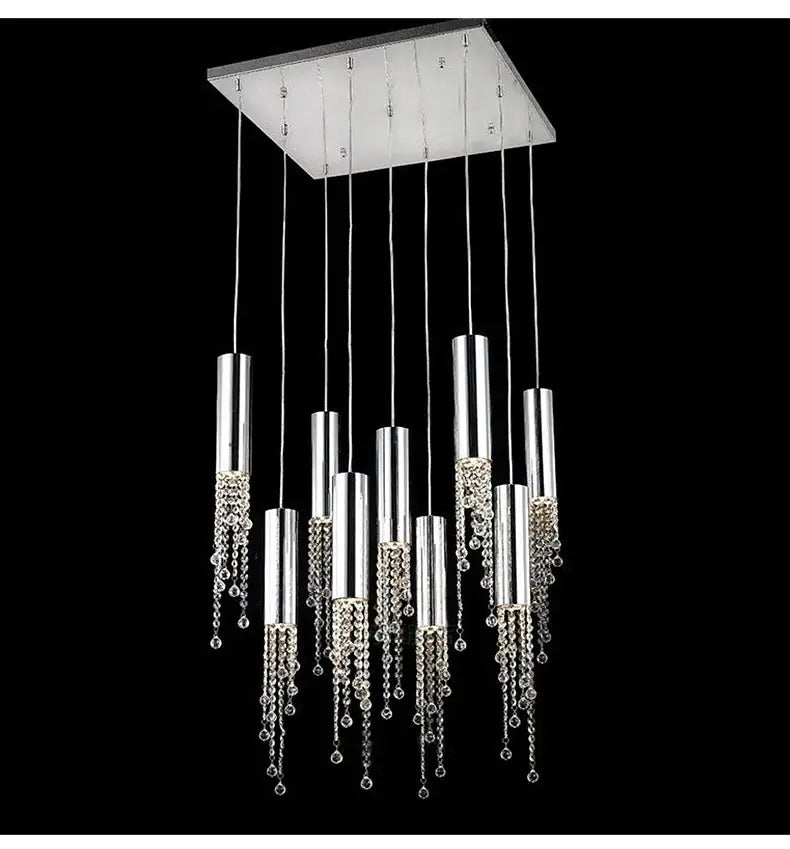 Chrome Cascading Chandelier by Decorbites with chrome cylinders and crystal bead chains on Tampa Home & Garden Store