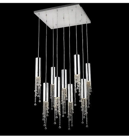 Chrome Cascading Chandelier by Decorbites with chrome cylinders and crystal bead chains on Tampa Home & Garden Store