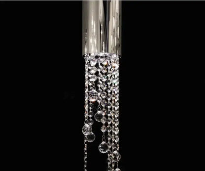 Chrome cascading chandelier with crystal bead strands from a polished chrome canopy on Tampa Home & Garden Store