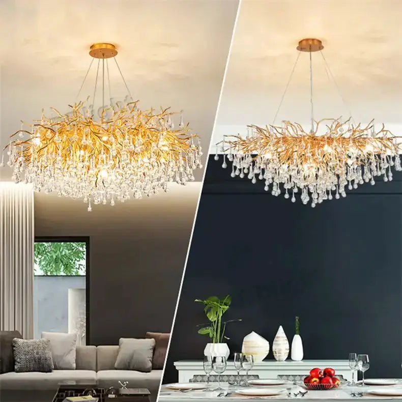 Chandelier Decorbites luxury gold branch crystal dining room pendant light, two room views on Tampa Home & Garden Store