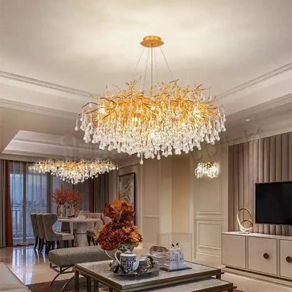 Luxury gold branch crystal chandelier by Decorbites, crystal droplets, 2 fixtures visible on Tampa Home & Garden Store