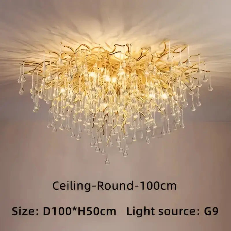 Luxury gold branch crystal chandelier with hanging teardrop prisms for dining room ceiling on Tampa Home & Garden Store