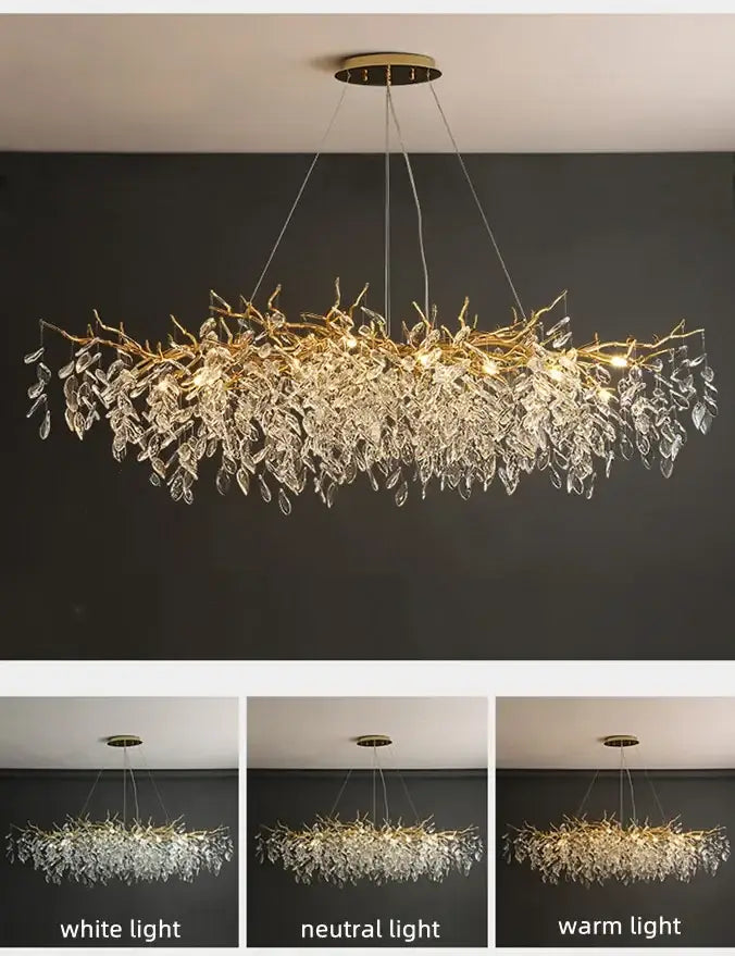 Chandelier Decorbites golden leaf crystal with LED lights, three lighting options on Tampa Home & Garden Store