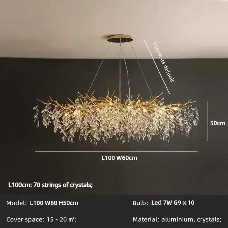 Chandelier Decorbites luxury golden leaf crystal LED light with crystal droplets on Tampa Home & Garden Store