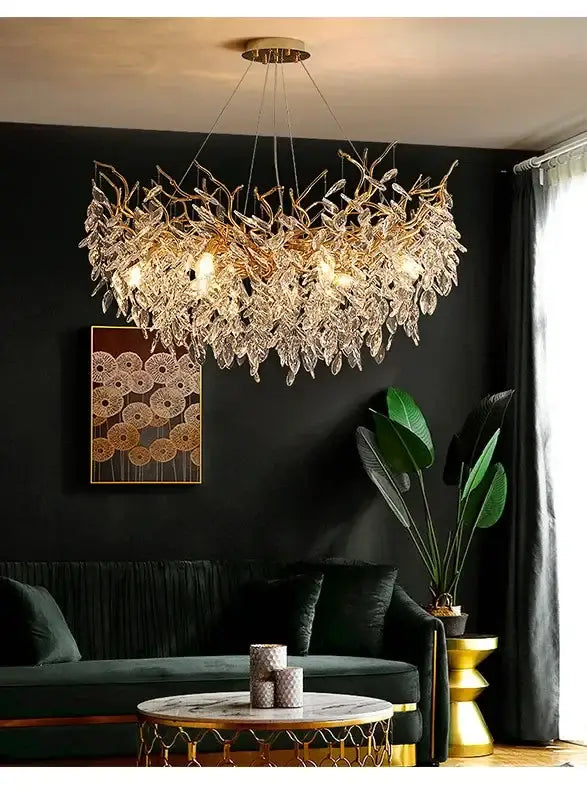 Chandelier Decorbites luxury golden leaf crystal LED chandelier over dark living room on Tampa Home & Garden Store