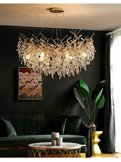 Chandelier Decorbites luxury golden leaf crystal LED chandelier over dark living room on Tampa Home & Garden Store