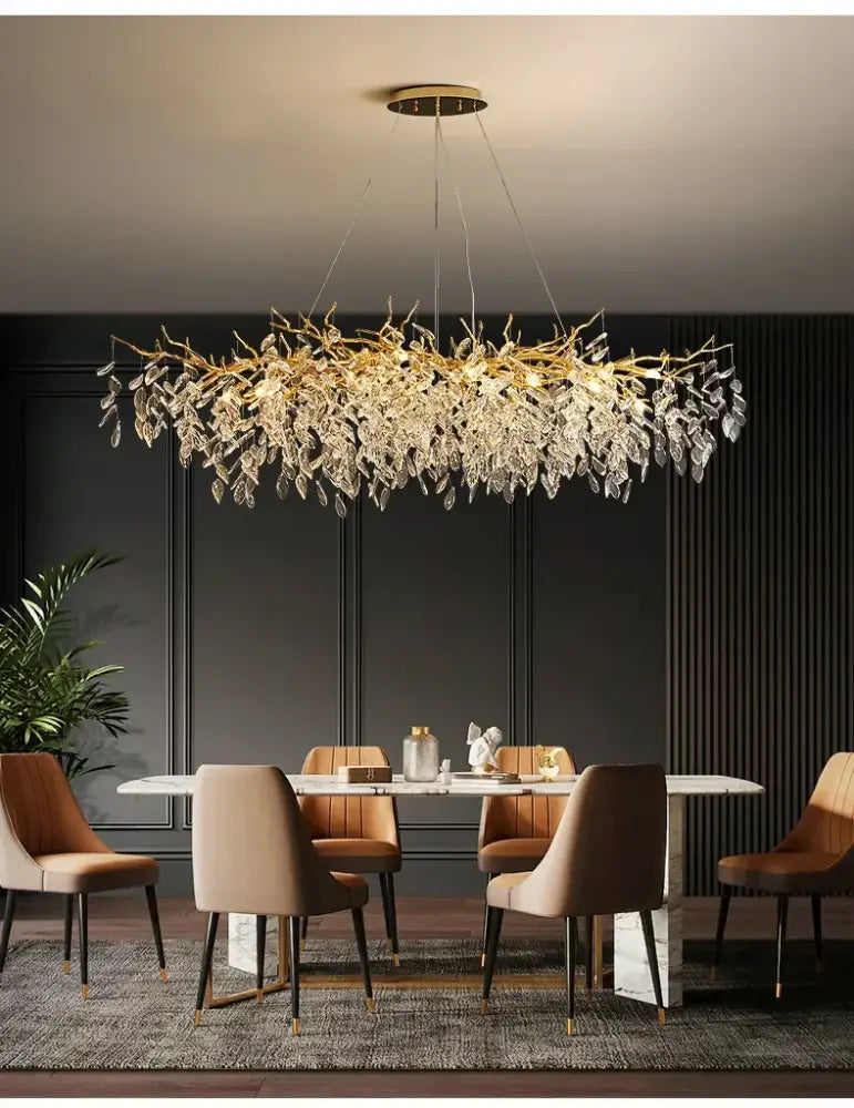 Chandelier Decorbites luxury golden leaf crystal LED light over dining table on Tampa Home & Garden Store