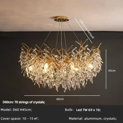 Luxury golden leaf crystal chandelier with LED bulbs for living room, 60cm wide, 45cm high on Tampa Home & Garden Store