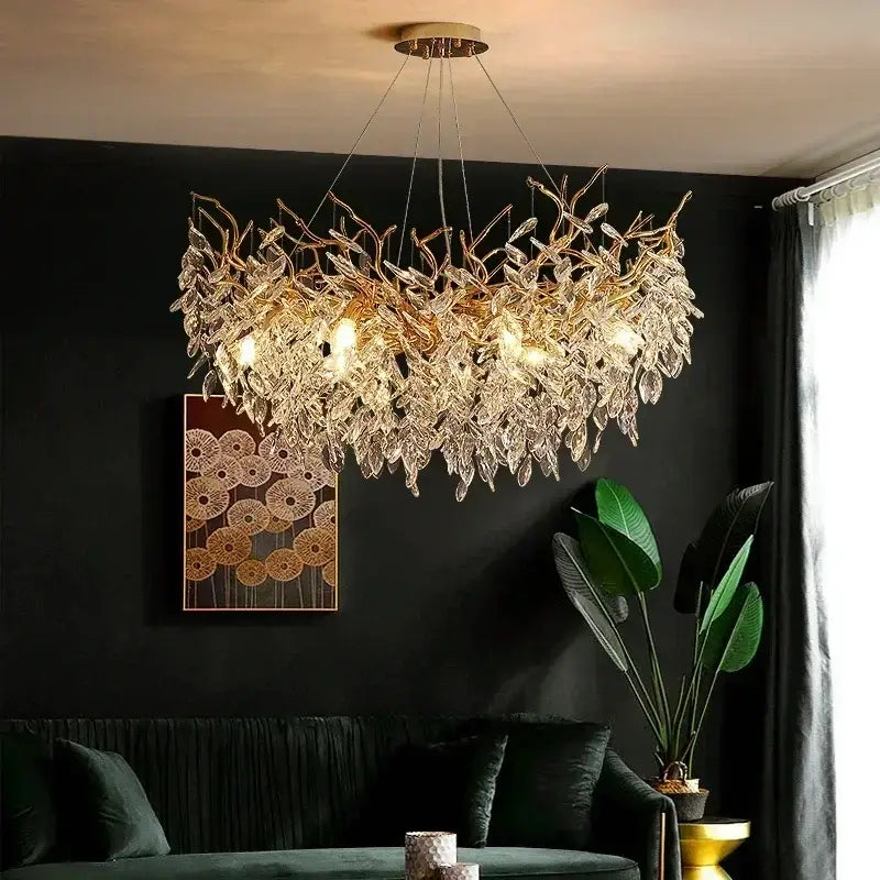 Chandelier Luxury golden leaf crystal LED light by Decorbites for living room on Tampa Home & Garden Store