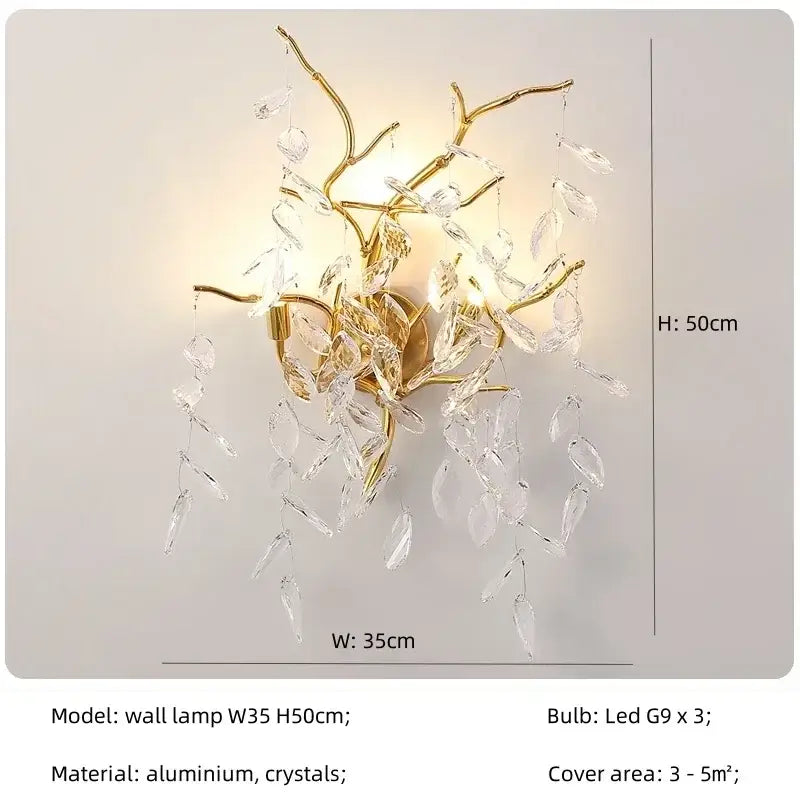 Chandelier wall lamp Decorbites golden leaf branches with crystal prisms, frame, LED bulbs on Tampa Home & Garden Store
