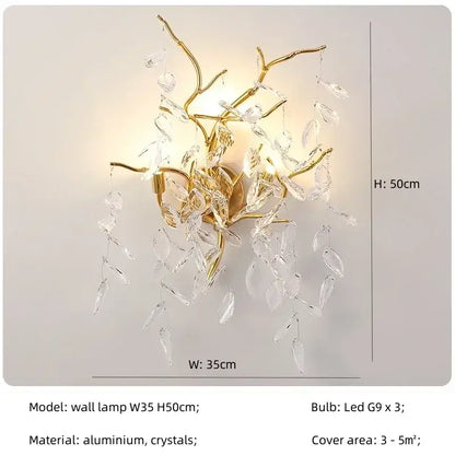 Chandelier wall lamp Decorbites golden leaf branches with crystal prisms, frame, LED bulbs on Tampa Home & Garden Store