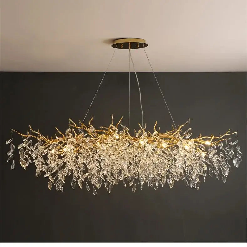 Chandelier luxury golden leaf crystal lighting by Decorbites, warm LED crystal branches on Tampa Home & Garden Store