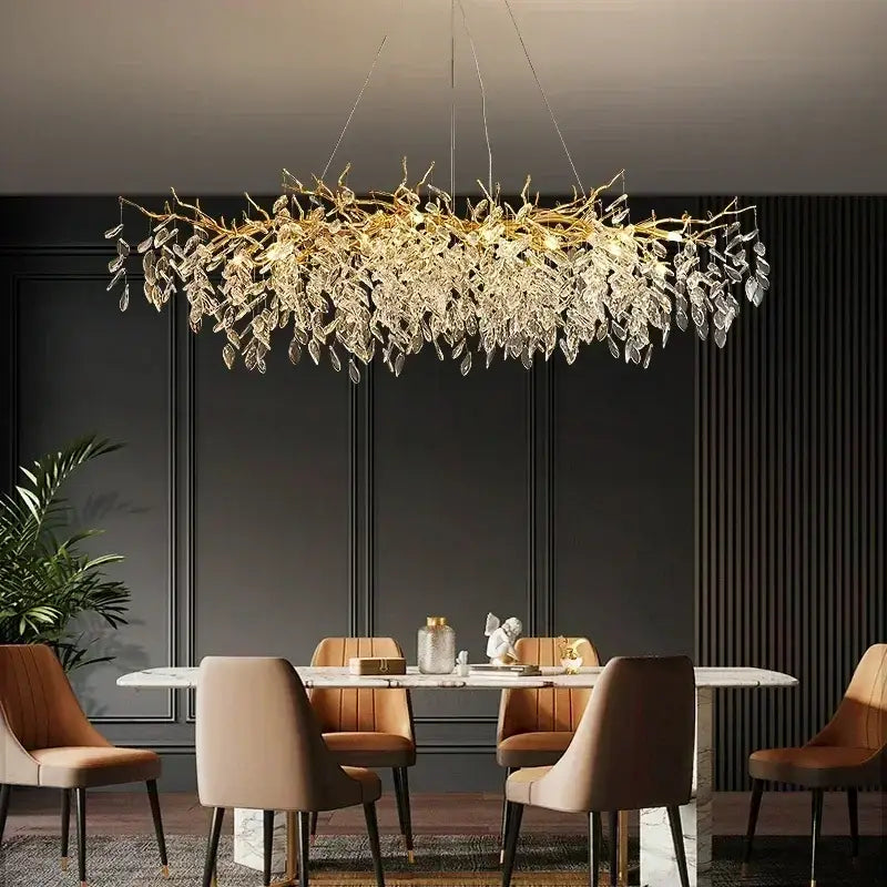 Chandelier Decorbites golden leaf crystal LED dining light with leaves over table on Tampa Home & Garden Store