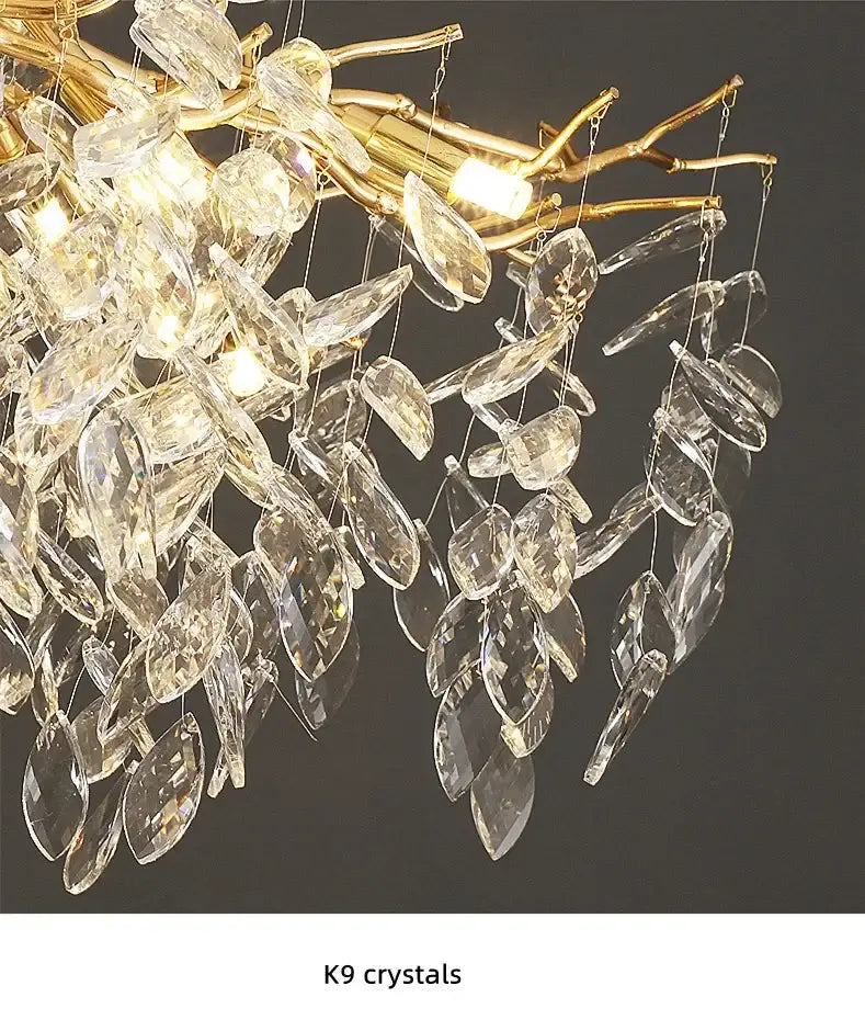 Chandelier Decorbites luxury golden leaf with K9 crystals and warm LED lighting on Tampa Home & Garden Store