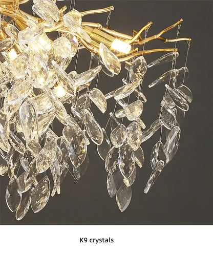 Chandelier Decorbites luxury golden leaf with K9 crystals and warm LED lighting on Tampa Home & Garden Store