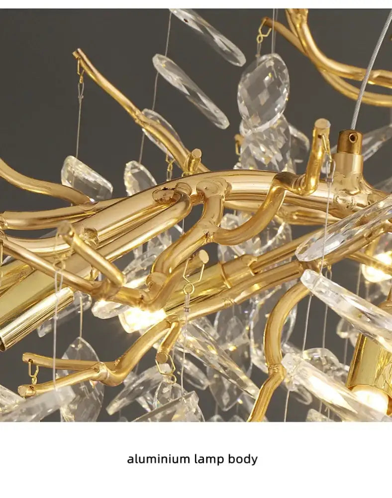 Chandelier Decorbites luxury golden leaf crystal with aluminium lamp body and hanging prisms on Tampa Home & Garden Store