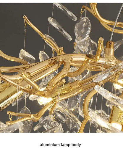 Chandelier Decorbites luxury golden leaf crystal with aluminium lamp body and hanging prisms on Tampa Home & Garden Store