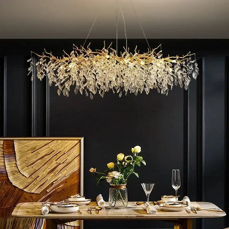Chandelier Decorbites luxury golden leaf crystal with LED light over dining table on Tampa Home & Garden Store