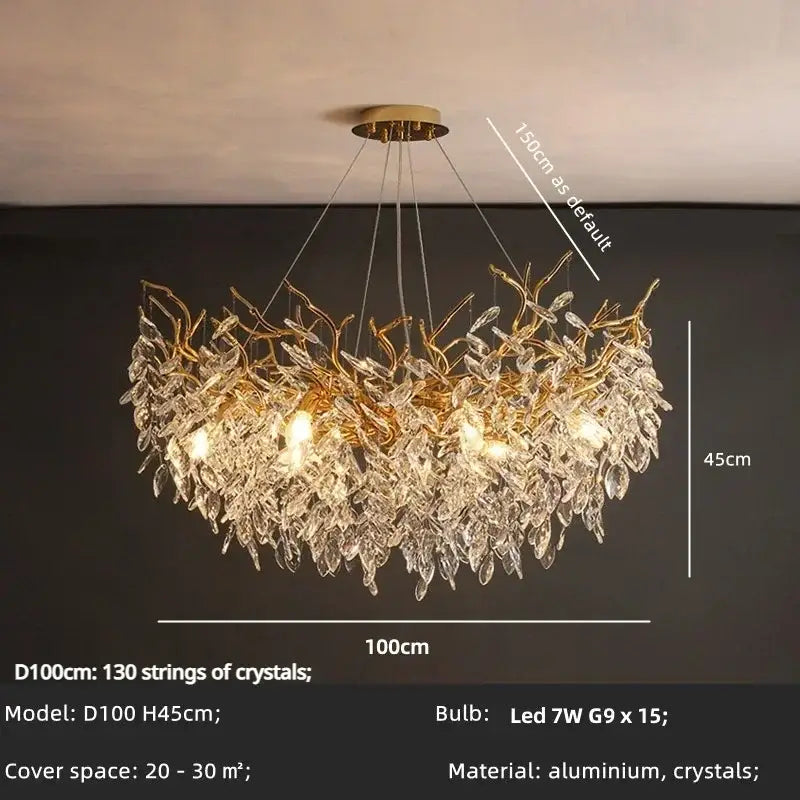 Chandelier Decorbites golden leaf crystal, 15 LED bulbs, clear crystals, 100 cm diameter on Tampa Home & Garden Store