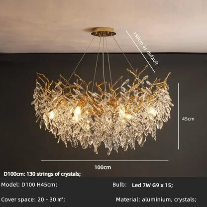 Chandelier Decorbites golden leaf crystal, 15 LED bulbs, clear crystals, 100 cm diameter on Tampa Home & Garden Store