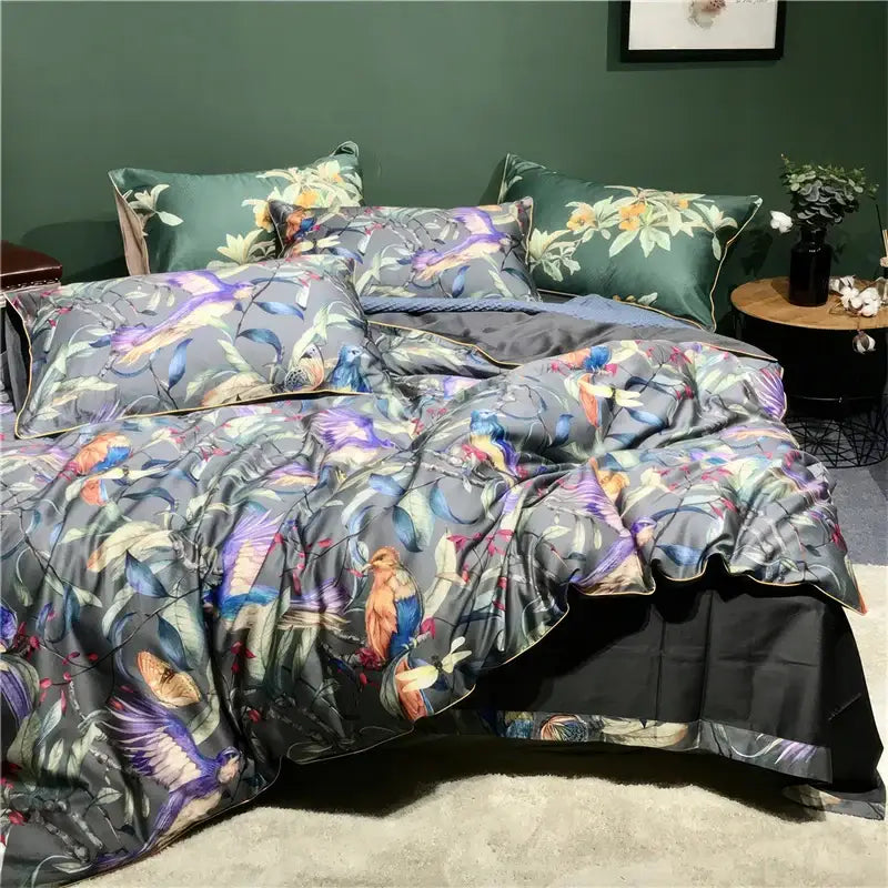 Blue Floral Cotton Duvet Cover and Sheets