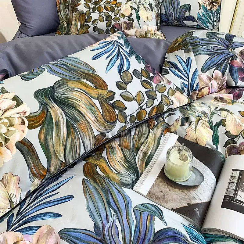 Blue Floral Cotton Duvet Cover and Sheets