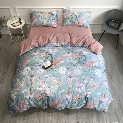 Blue Floral Cotton Duvet Cover and Sheets