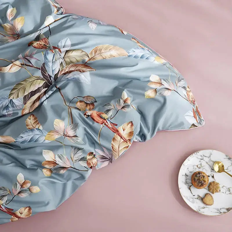 Blue Floral Cotton Duvet Cover and Sheets