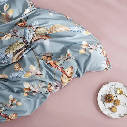 Blue Floral Cotton Duvet Cover and Sheets