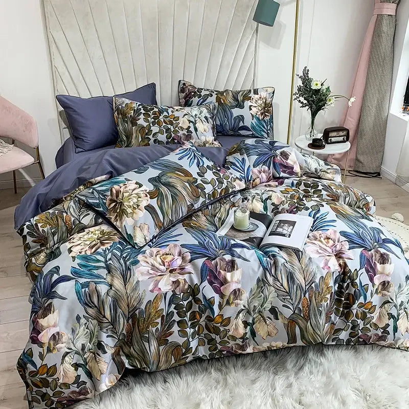 Blue Floral Cotton Duvet Cover and Sheets